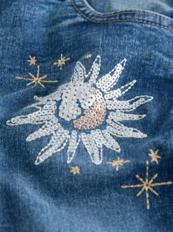 Bleu moyen - Jean droit brodé fleuri (3-16ans)