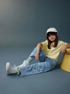 Bleu moyen - Jean Jambe large Fleuri (3-16ans)