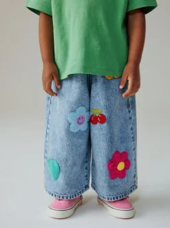 Bleu moyen - Jean jambe large avec ornements (3mois à7ans)