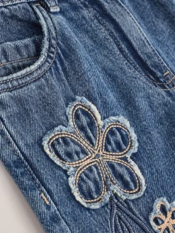 Bleu moyen - Jean orné d’un large imprimé fleuri (3-16ans)