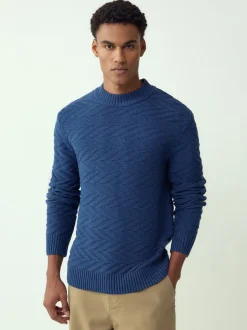 Bleu moyen - Pull à col rond en coton riche à torsades coupe classique