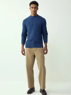 Bleu moyen - Pull à col rond en coton riche à torsades coupe classique