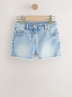 Bleu moyen - Short en jean à bords effilochés (3-16ans)