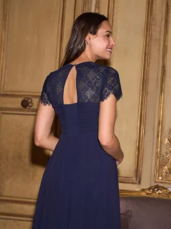 Bleu nuit - Robe haut de gamme en soie à manches Dentelle de maternité Seraphine