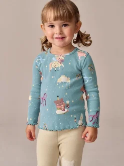 Bleu sarcelle motif fée - T-shirt à manches longues en côtes (3mths-7yrs)