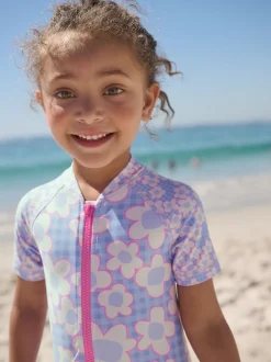 Bleu Stampy Fleuri - Maillot de bain Sunsafe (3mths-10yrs)