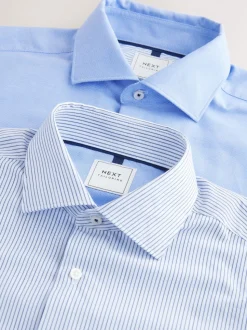 Bleu texturé/rayé - Ajustement régulier - Lot de 2 chemises élégantes faciles d’entretien à manchette simple