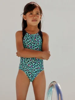 Bleu turquoise motif animal - Maillot de bain sport à dos ouvert (3-16ans)