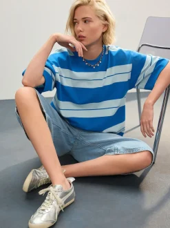 Bleu/Bleu clair - T-shirt oversize décontracté boxy épais à col ras du cou