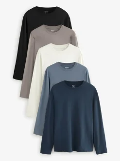 Bleu/Grey/Neutre - Ajustement régulier - T-shirt à coupe classique à manches longues en coton 100 %, lot de 5