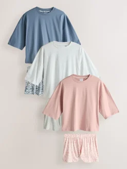 Bleu/gris/rose fleuri - Ensemble de 3 pyjamas shorts