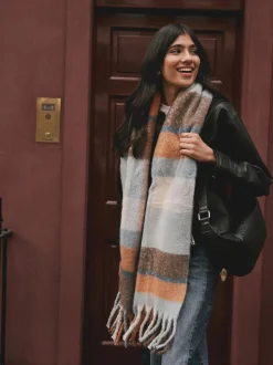 Bleu/Orange - Écharpe couverture brossée épaisse