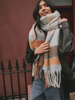 Bleu/Orange - Écharpe couverture brossée épaisse