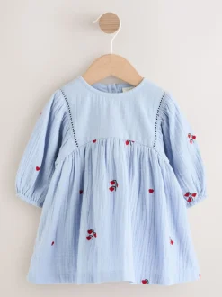 Bleu/rouge - Robe brodée à manches longues pour bébé (0mths-2yrs)