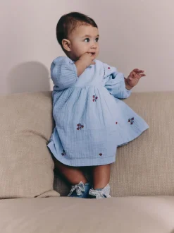 Bleu/rouge - Robe brodée à manches longues pour bébé (0mths-2yrs)