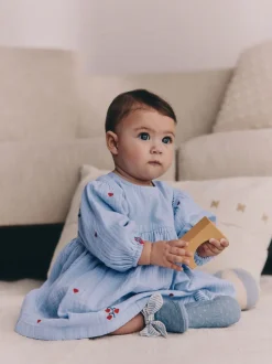 Bleu/rouge - Robe brodée à manches longues pour bébé (0mths-2yrs)