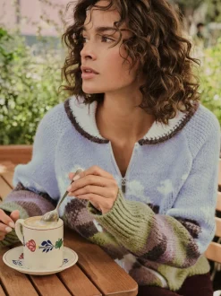 Bleu/vert - Cardigan zippé scène paysage