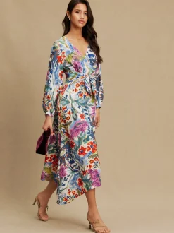 Bleu/Vert Fleuri Imprimé - Robe mi-longue à manches longues ceinturée à la taille