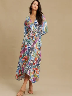 Bleu/Vert Fleuri Imprimé - Robe mi-longue à manches longues ceinturée à la taille