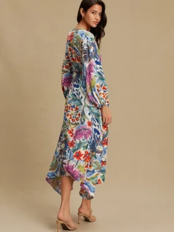 Bleu/Vert Fleuri Imprimé - Robe mi-longue à manches longues ceinturée à la taille