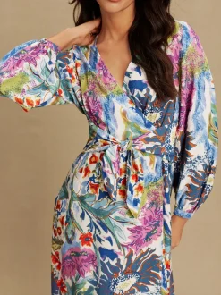 Bleu/Vert Fleuri Imprimé - Robe mi-longue à manches longues ceinturée à la taille