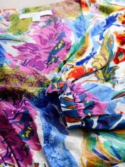 Bleu/Vert Fleuri Imprimé - Robe mi-longue à manches longues ceinturée à la taille