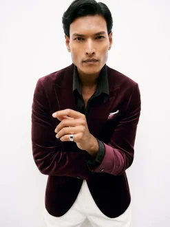 Bordeaux - Reiss Apsara Blazer en velours à boutonnage simple habillé