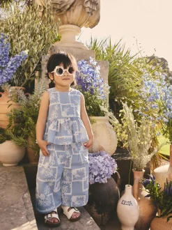 Brodé bleu/écru - Ensemble Chemisiers et Pantalons (3mths-8yrs)