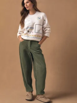 Brodé écru - Pull en maille à col rond en laine