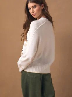 Brodé écru - Pull en maille à col rond en laine