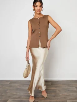 Brun clair - Gilet Threadbare en maille côtelée