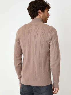 Brun clair - Threadbare pull à col zippé en maille torsadée