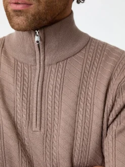 Brun clair - Threadbare pull à col zippé en maille torsadée