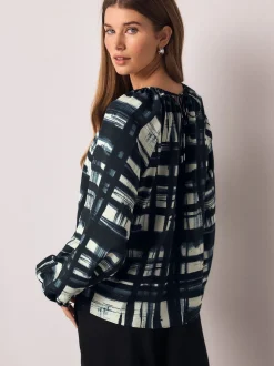 Carreaux bleu marine/écru - Chemisier décontracté à manches longues avec trou de serrure