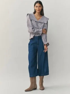 Carreaux bleux/marron - Chemisier à manches longues et col oversize