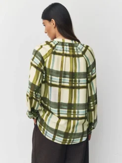 Carreaux vert/écru - Chemisier manches longues à col V