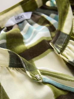 Carreaux vert/écru - Chemisier manches longues à col V