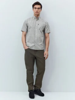 Carreaux Vichy bleu marine/neutre - Chemise Oxford Easy Iron boutonnée à manches courtes