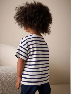 Cerise Écru/Bleu marine Rayure - T-shirt brodé à manches courtes (3mois à7ans)