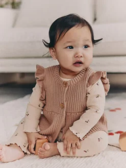 Cerise neutre - Ensemble 3 pièces : gilet en maille, haut à manches longues et leggings (0mois -3ans)