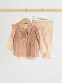 Cerise neutre - Ensemble 3 pièces : gilet en maille, haut à manches longues et leggings (0mois -3ans)