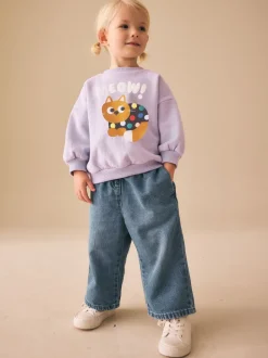 Chat à pois violet lilas - Sweat à col ras du cou (3mths-7yrs)