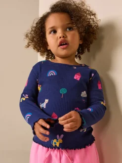 Chats et chiens bleu marine - T-shirt à manches longues en côtes (3mths-7yrs)