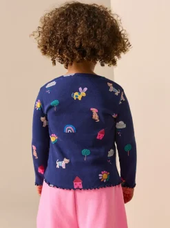 Chats et chiens bleu marine - T-shirt à manches longues en côtes (3mths-7yrs)