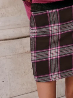 Chocolat/rose à carreaux - Mini Jupe