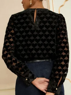 Coeur noir - Chemisier Love & Roses en tissu dévoré à manches longues et col rond