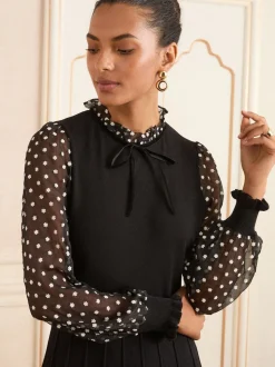 Col volanté Noir à pois Fleuri - Love & Roses Robe courte en maille à manches et col volantés