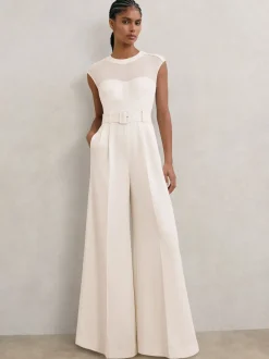 Combinaison-pantalon ceinturée à jambe large et empiècements transparents Reiss Alba