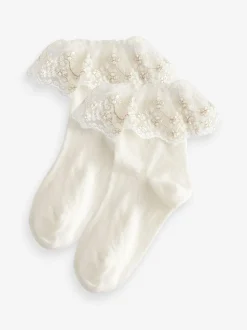 Crème - 2 Lot de chaussettes en coton riche en fleurs pour filles Volants