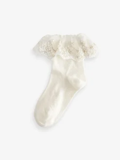 Crème - 2 Lot de chaussettes en coton riche en fleurs pour filles Volants